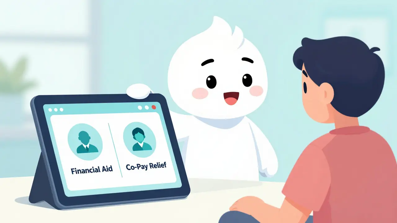 Friendly guide helping patient navigate aid options