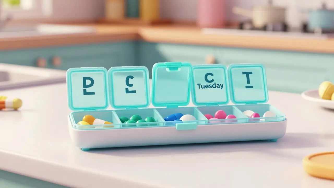Open weekly pill organizer on kitchen counter showing dose tracking.