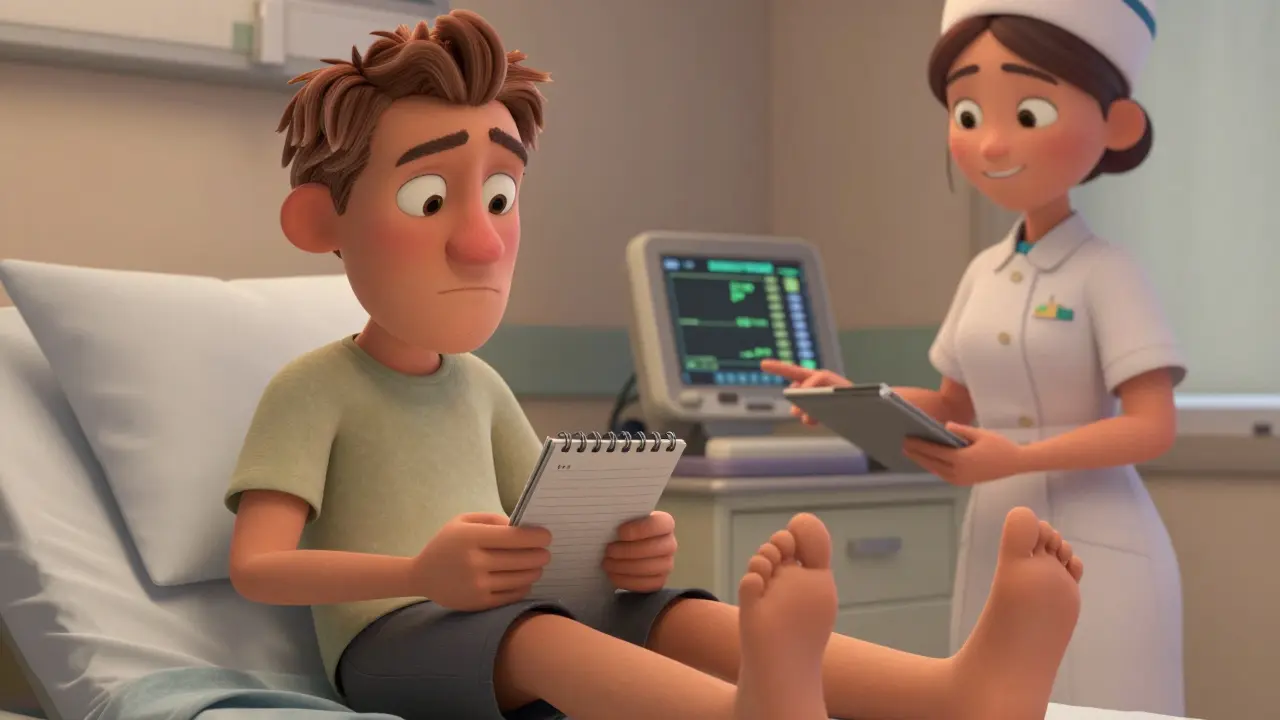 Patient doing gentle mobility exercises in hospital bed with nurse