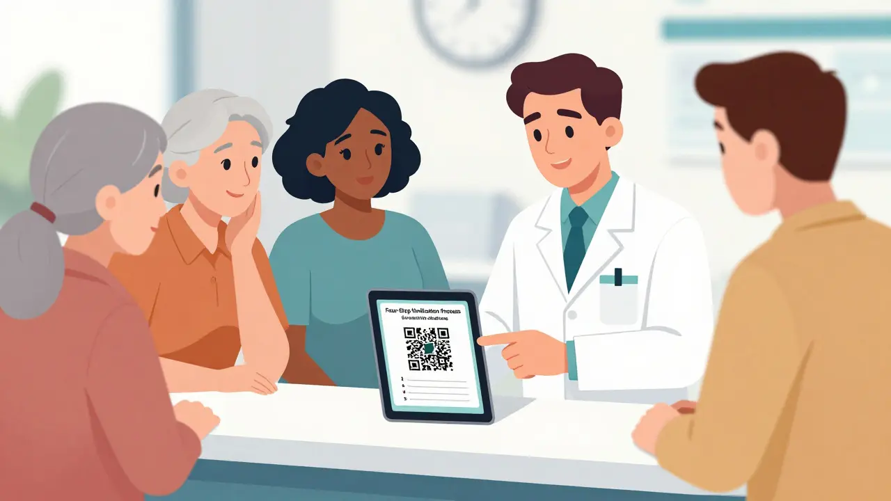 Pharmacist helping patients check drug interactions digitally