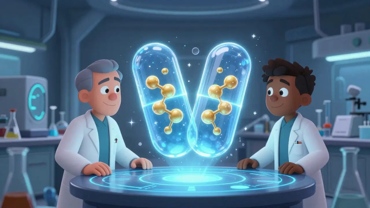 Scientists analyzing identical molecular structures inside a glowing generic pill.