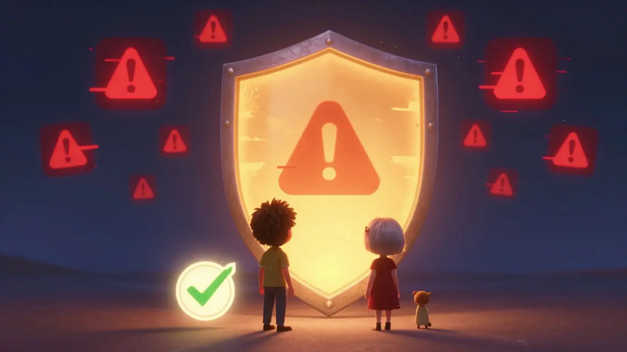Shield protecting against scam icons representing safe online buying