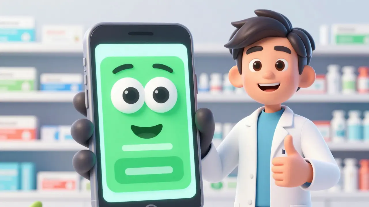 Smartphone with discount coupon and pharmacist giving thumbs up