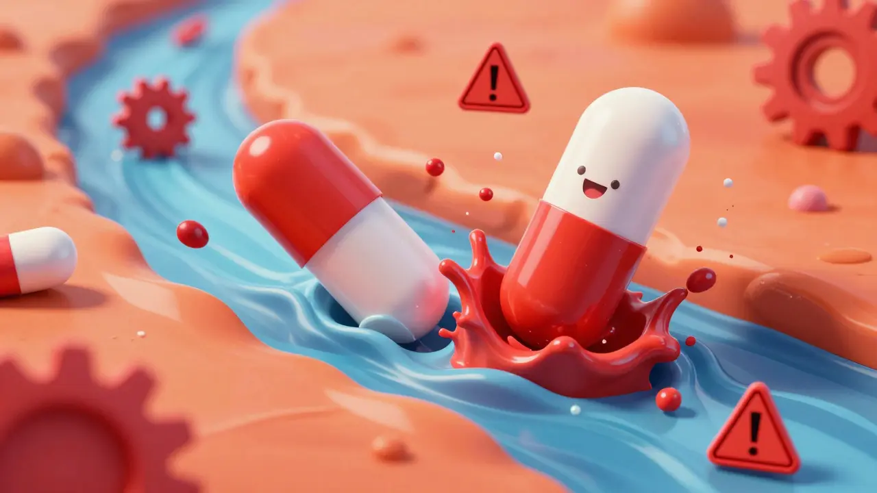 Stylized pills colliding in bloodstream causing chaos