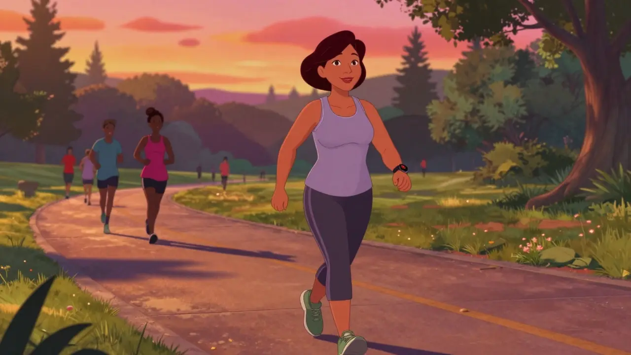 Woman walking outdoors confidently during long-term heart recovery