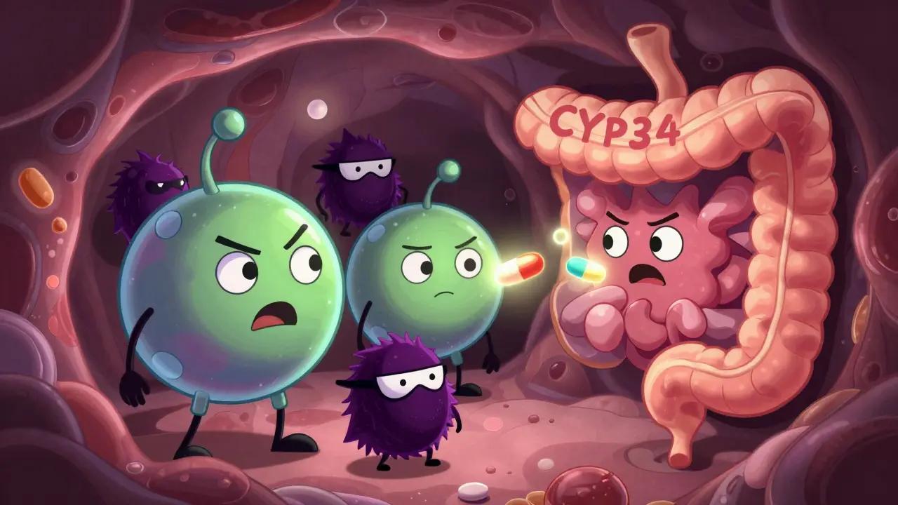 Animated enzymes blocked by villainous compounds in gut