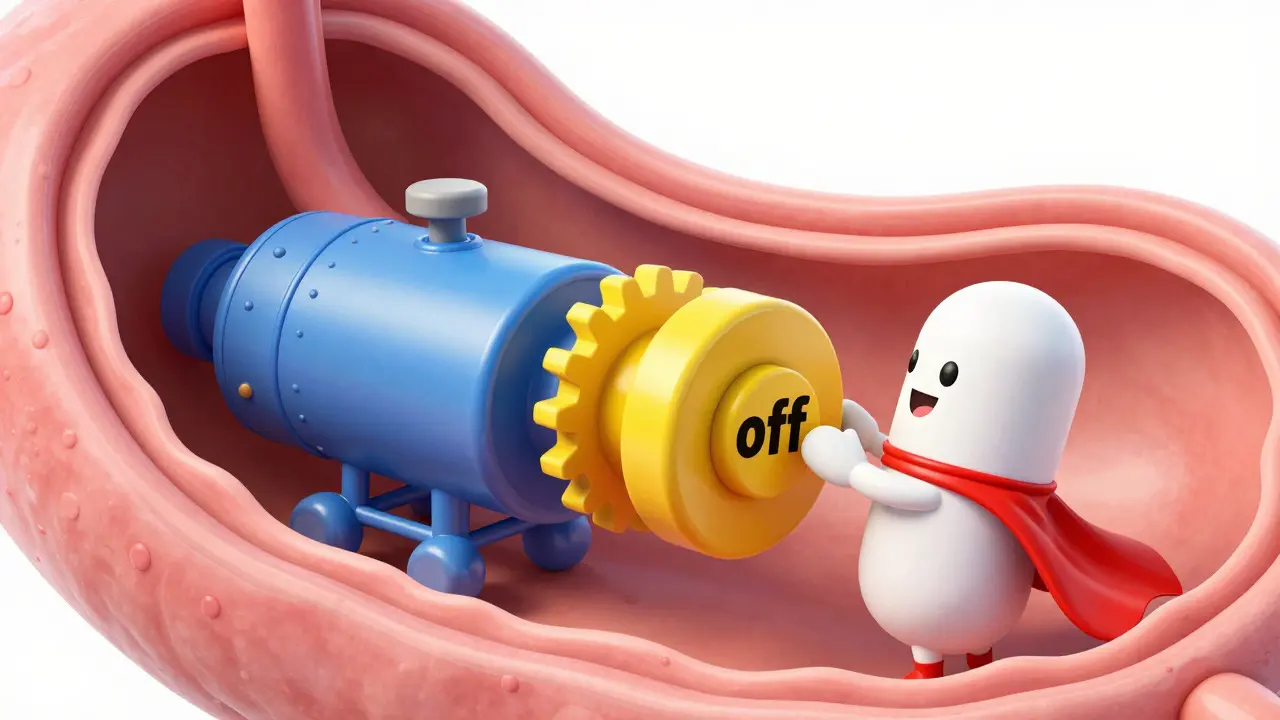 Animated pill character stopping a stomach acid pump engine