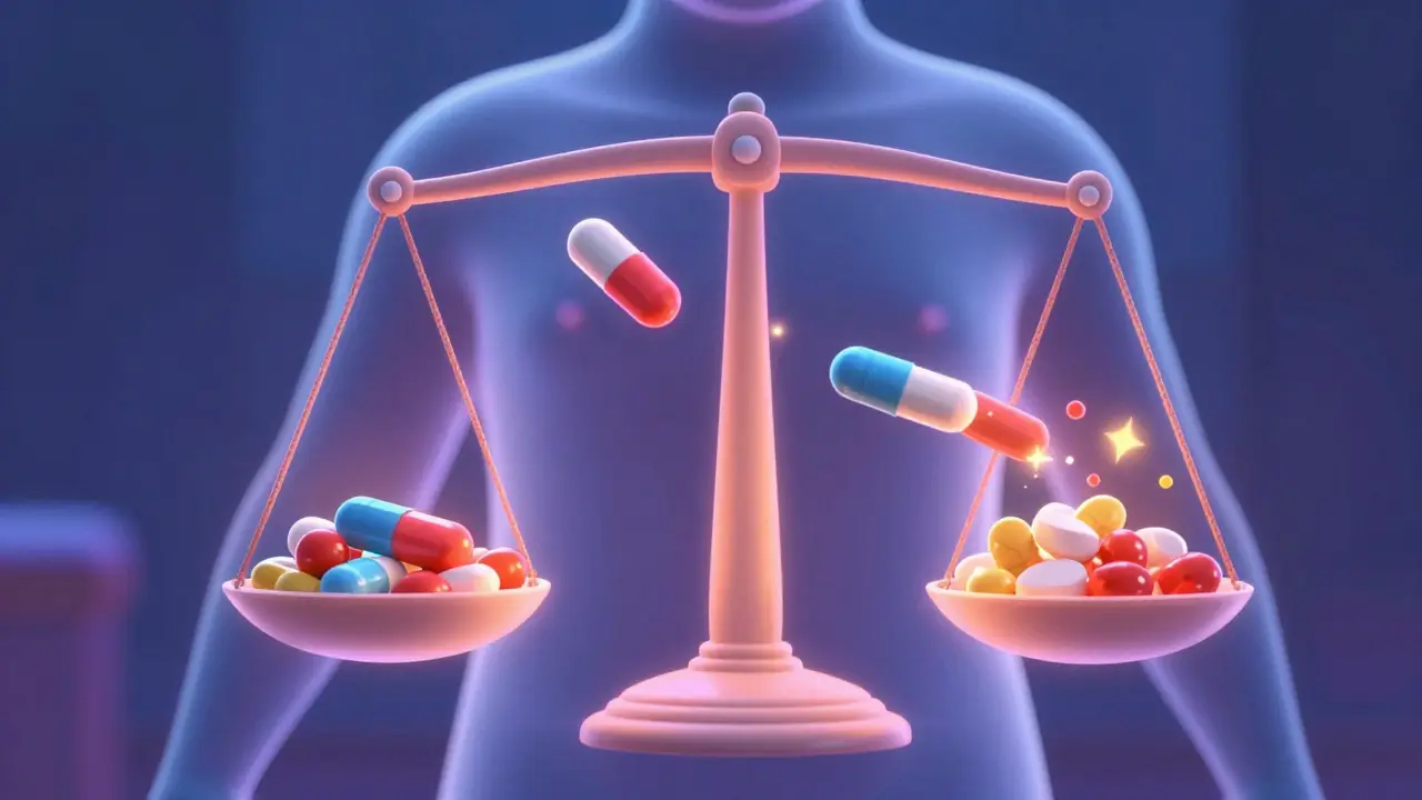 Animated scale showing delicate balance of mixed medications