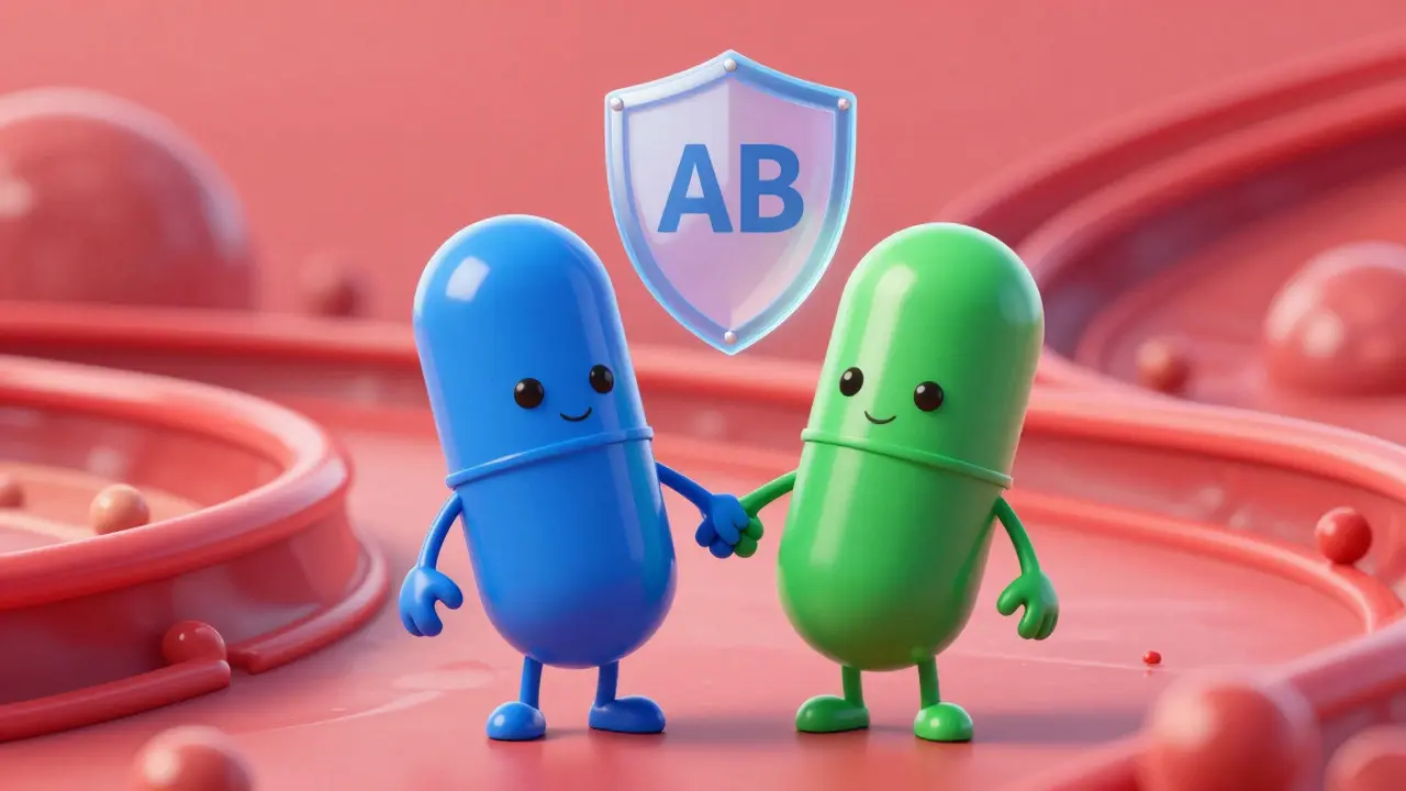 Brand and generic pill characters linked under an AB shield