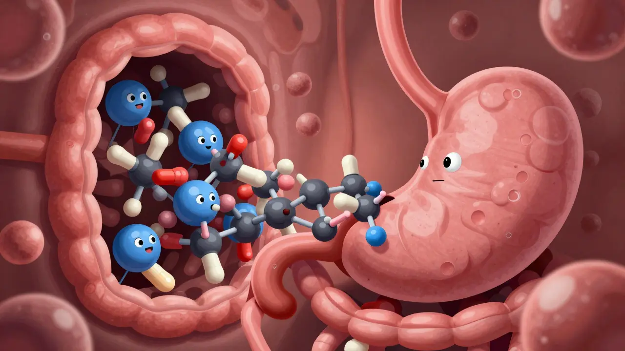Cartoon antibiotics trapped by calcium boulders in the gut