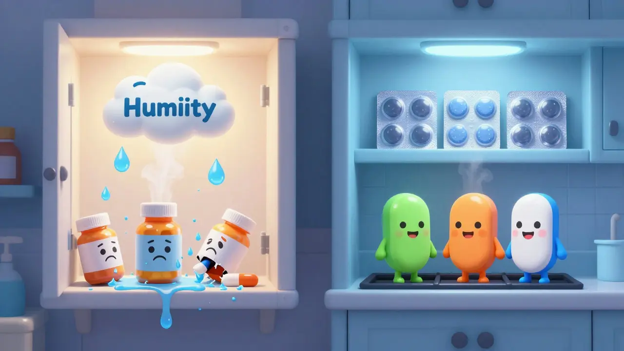 Cartoon contrast showing humid bathroom damaging meds vs safe dry kitchen storage.