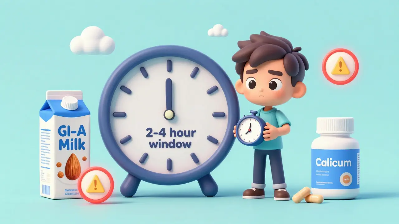 Character managing time with clock and calcium-rich food items