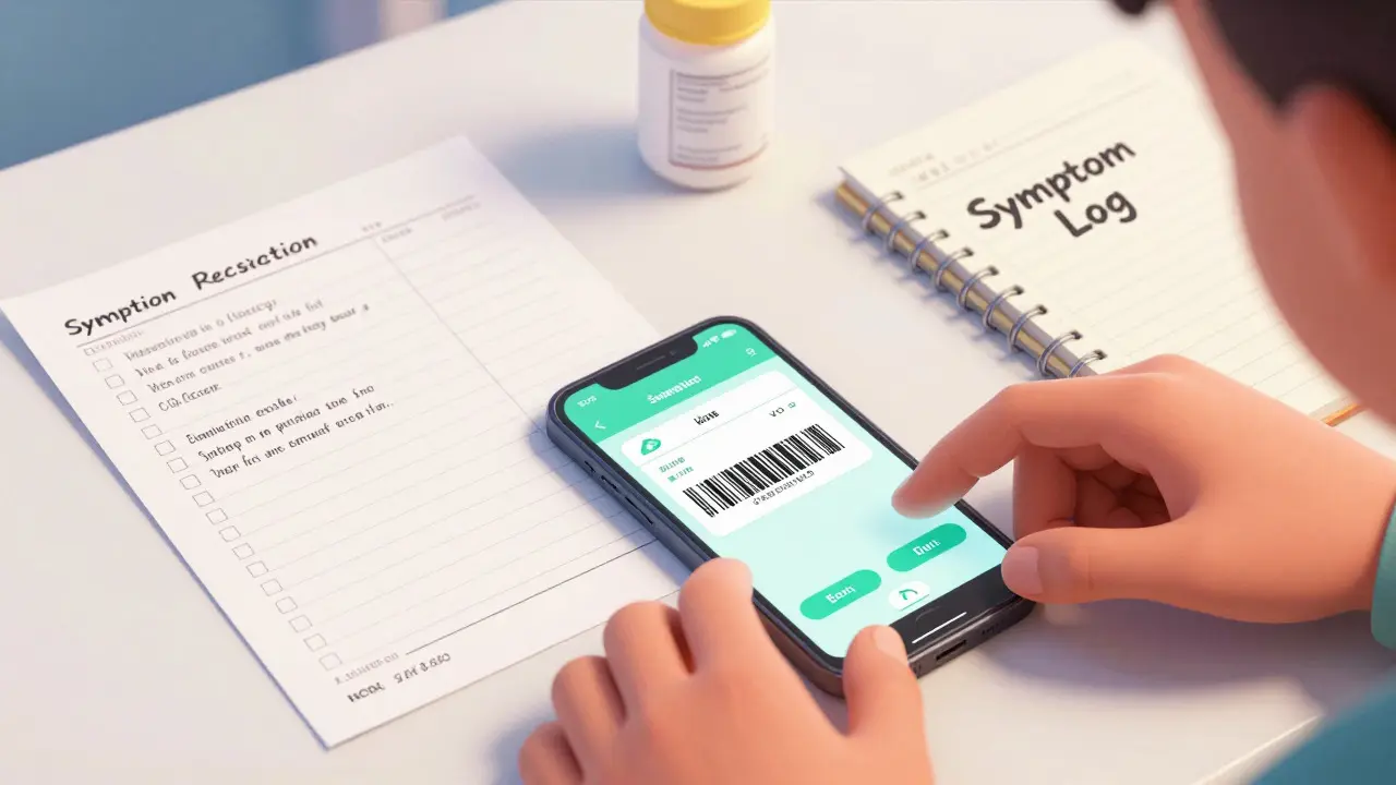 Close up of hands organizing medication list, phone app, and symptom log on table