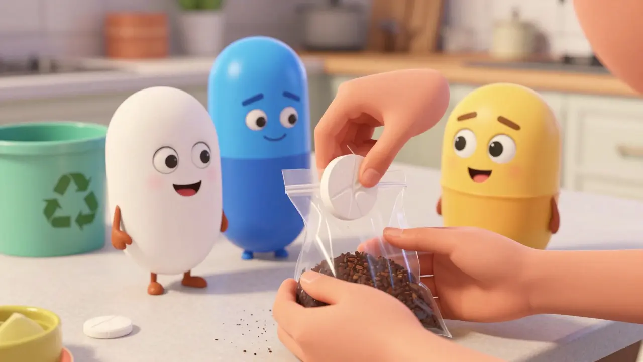 Cute animated medicines being disposed of safely with coffee grounds in a sealed bag.