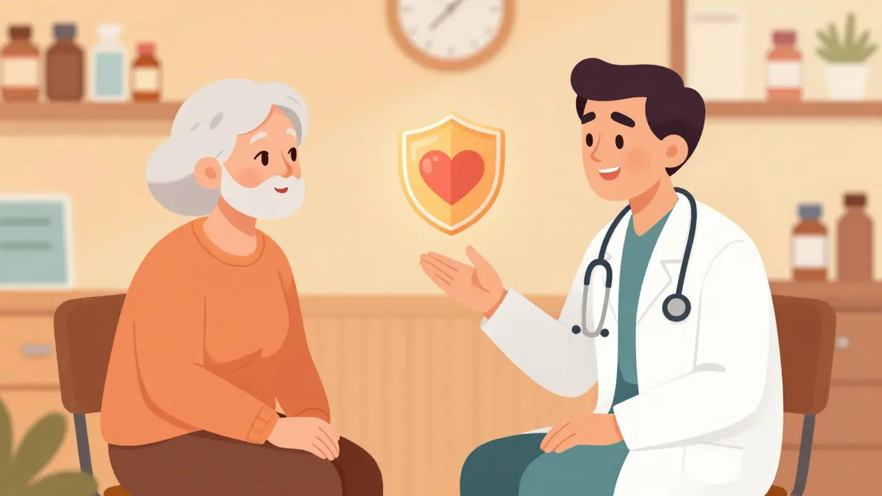 Doctor and patient discussing medication safety in a warm office