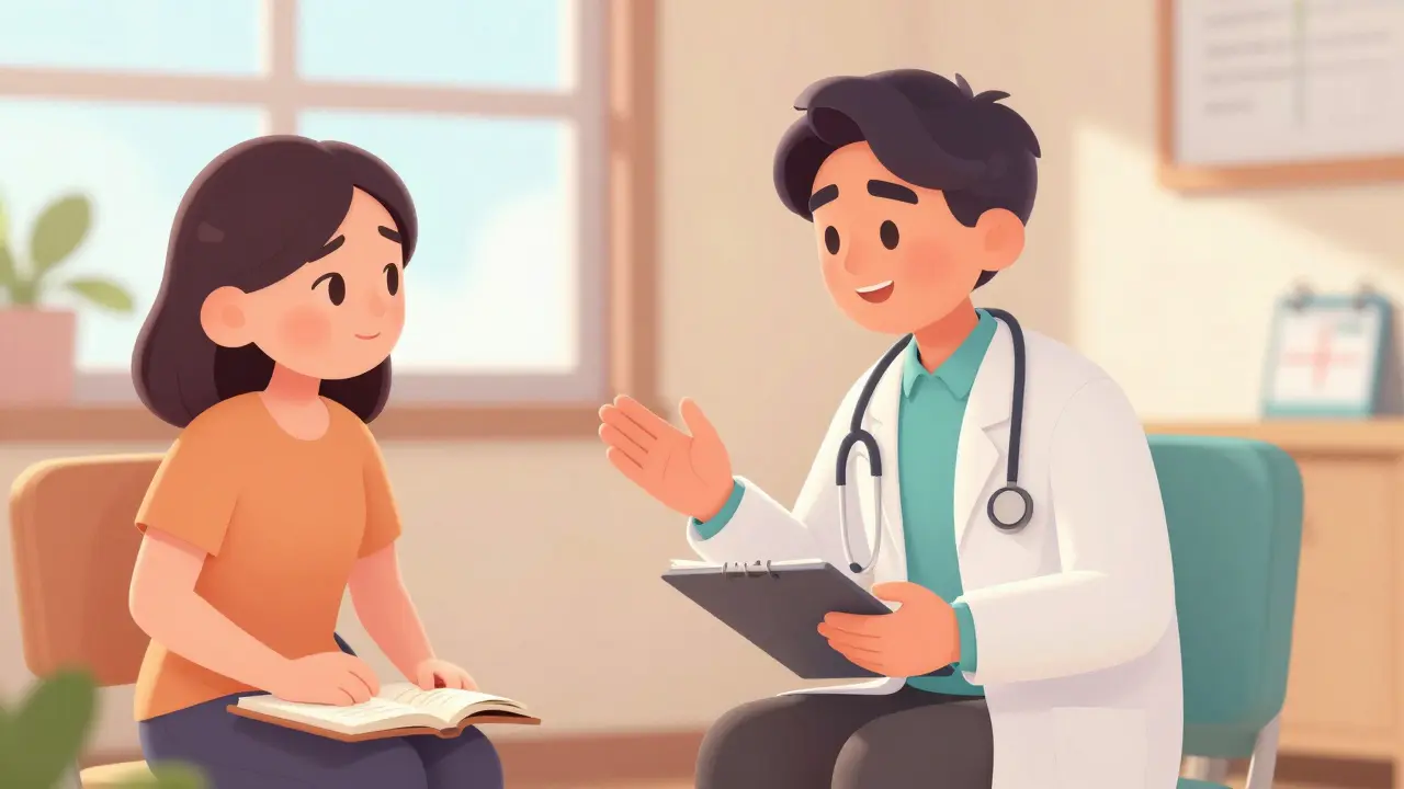 Doctor reassuring a patient about pain management in a bright clinic.