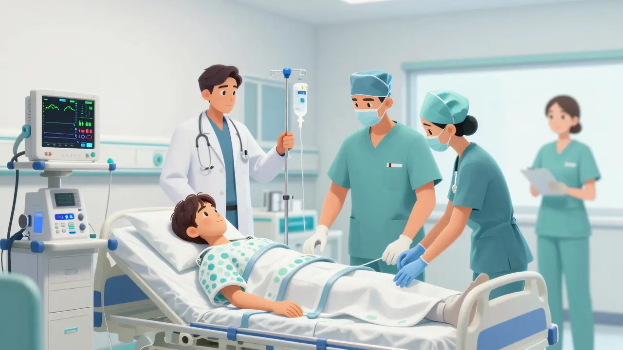 Doctors treating patient in ICU for NMS in DreamWorks style
