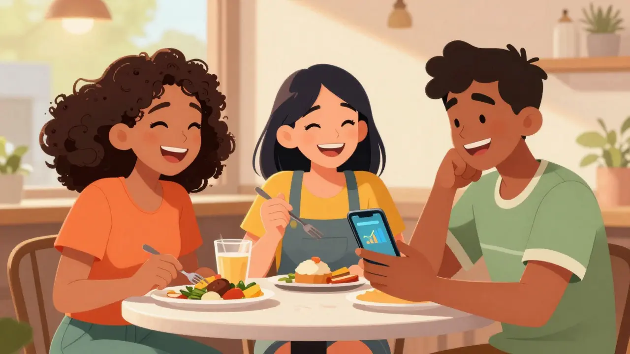 Friends laughing at cafe while one checks diabetes app on phone