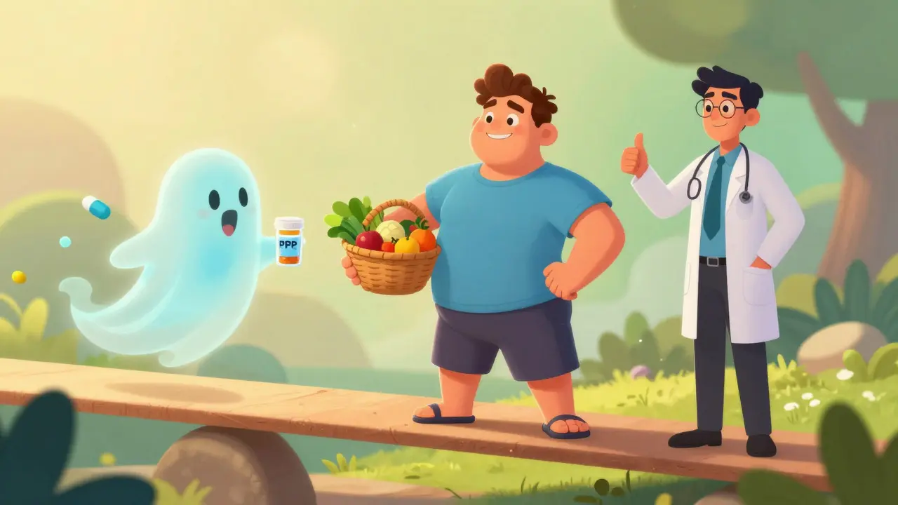 Happy patient choosing healthy food while stopping PPI meds