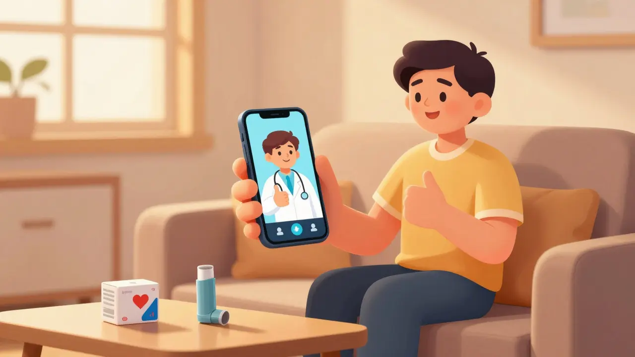 Happy person using telehealth on a phone with an inhaler nearby at home.