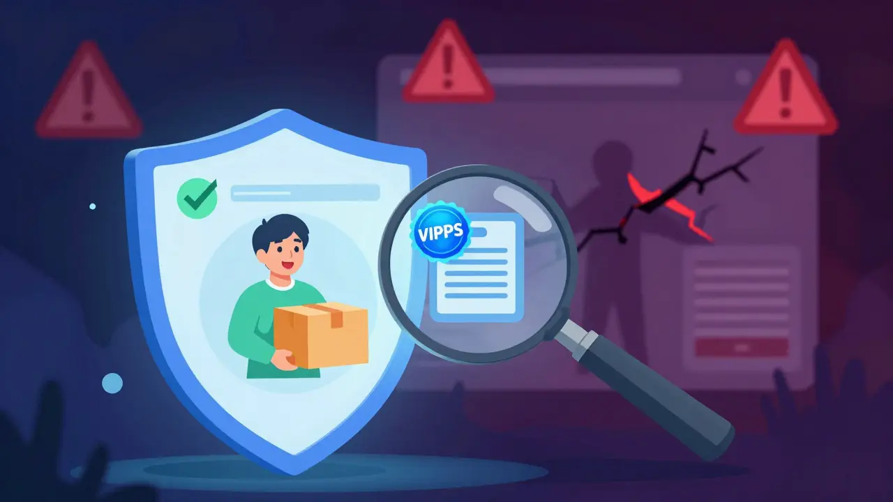 Illustration comparing safe verified pharmacy sites to dangerous scam sites.