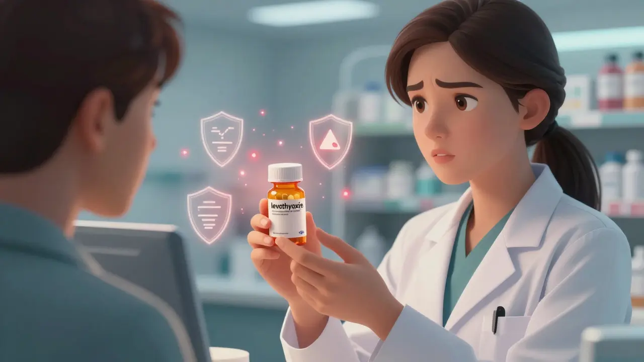 Pharmacist explaining NTI drug safety with protective shield icons