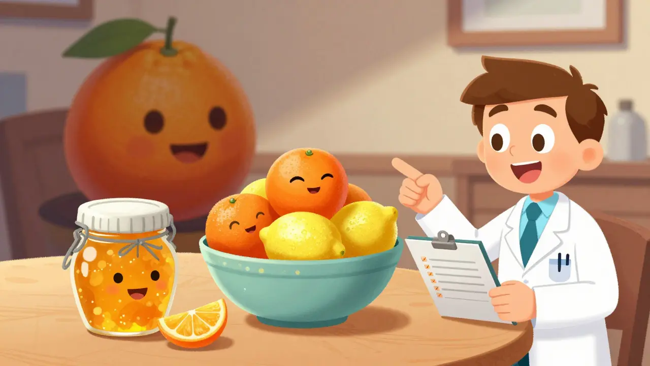 Pharmacist pointing to safe citrus fruits on breakfast table