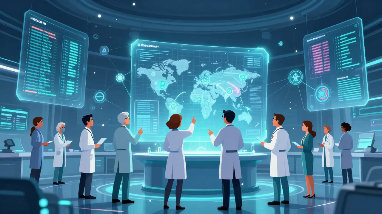 Scientists analyzing data streams in a high-tech FDA monitoring center