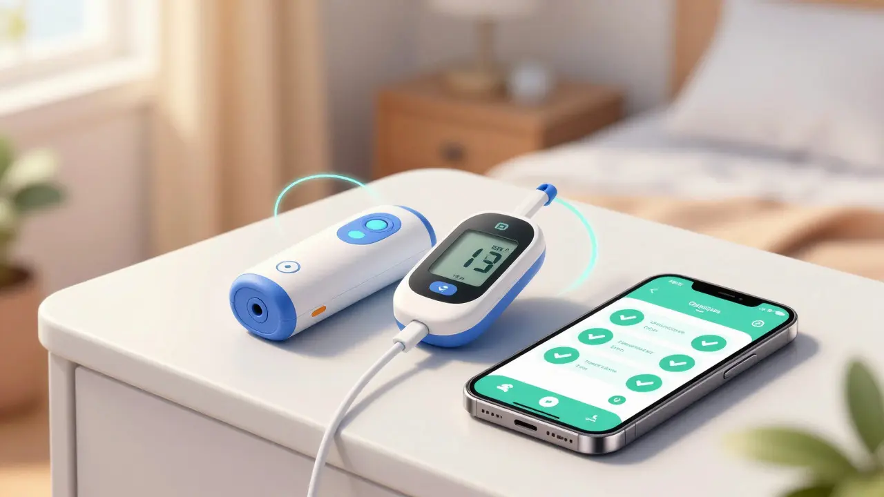Smart insulin pump and CGM device on bedside table with glowing safety indicators