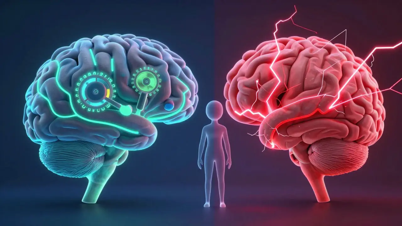 Stylized brain showing calm dependence vs chaotic addiction pathways.
