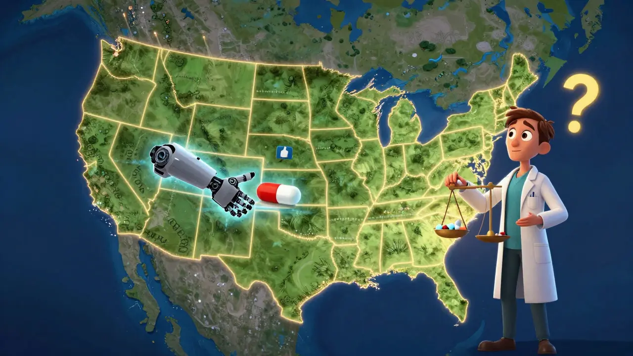 Stylized US map showing mandatory vs permissive drug substitution laws