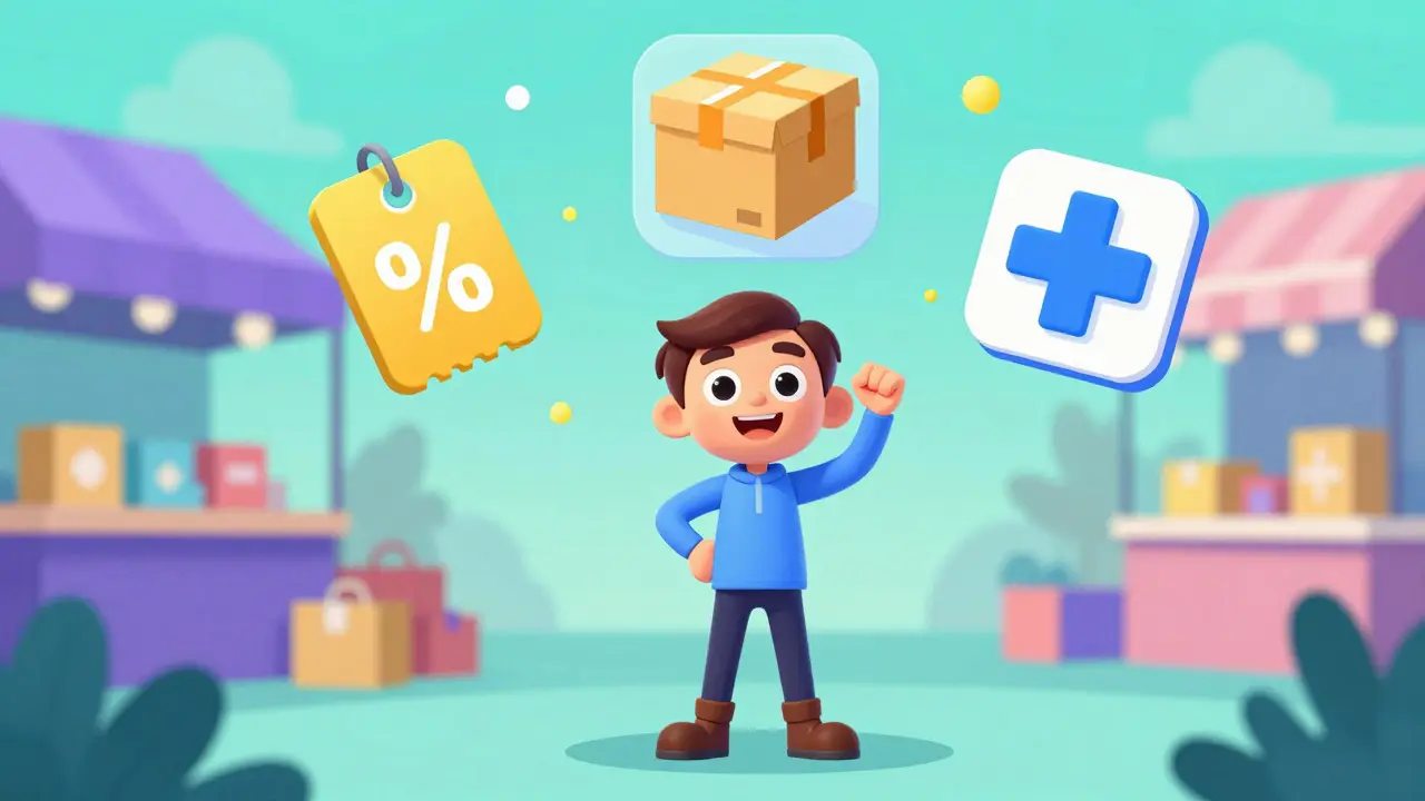 Animated character comparing various healthcare service icons in a colorful space