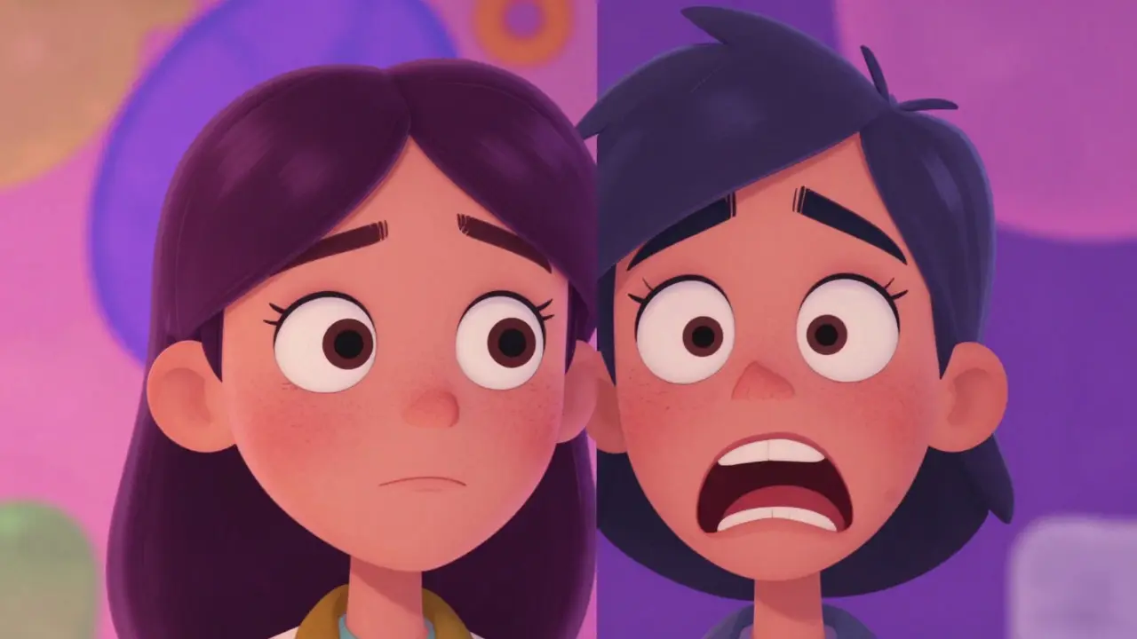 Animated face split between calm and impulsive expressions representing frontotemporal dementia