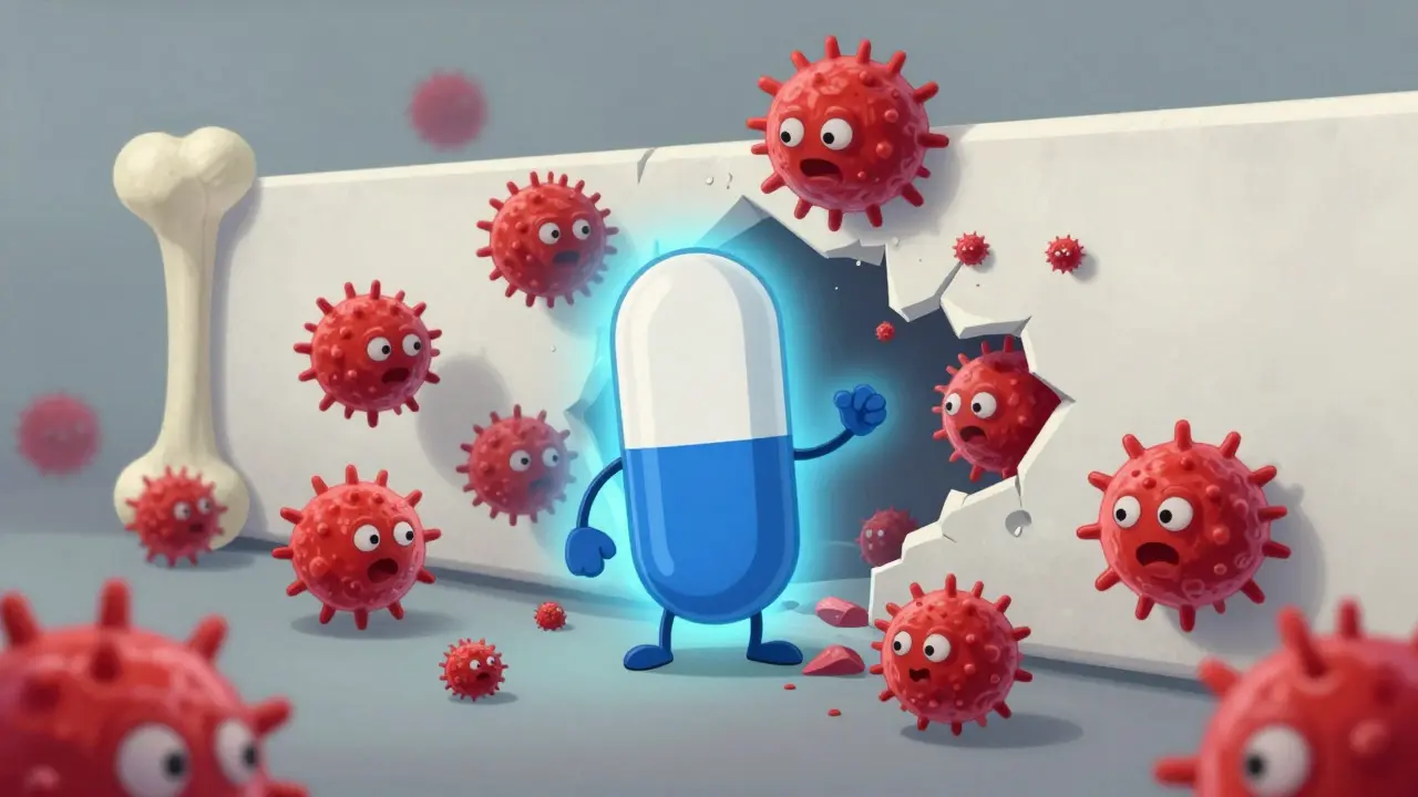 Animated pill character blocking red cells from eroding a bone wall in a medical setting