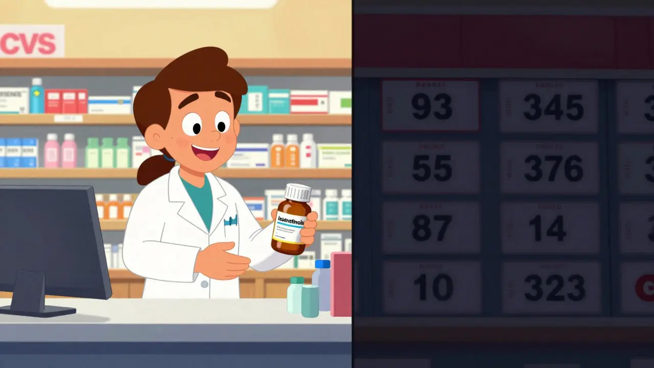 Cartoon pharmacist handing cheap generic meds vs expensive dark pharmacy