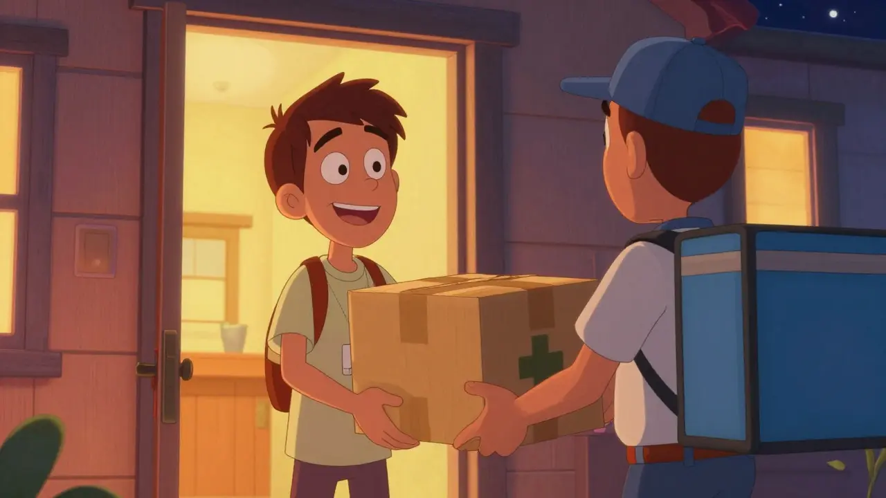 Character receiving a medicine package at their front door