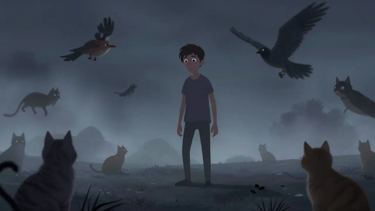 Character surrounded by illusory animals in a foggy scene depicting Lewy body dementia