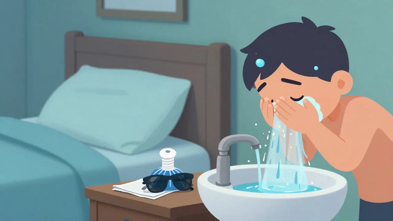Character washing face to remove allergens before sleeping in a clean room