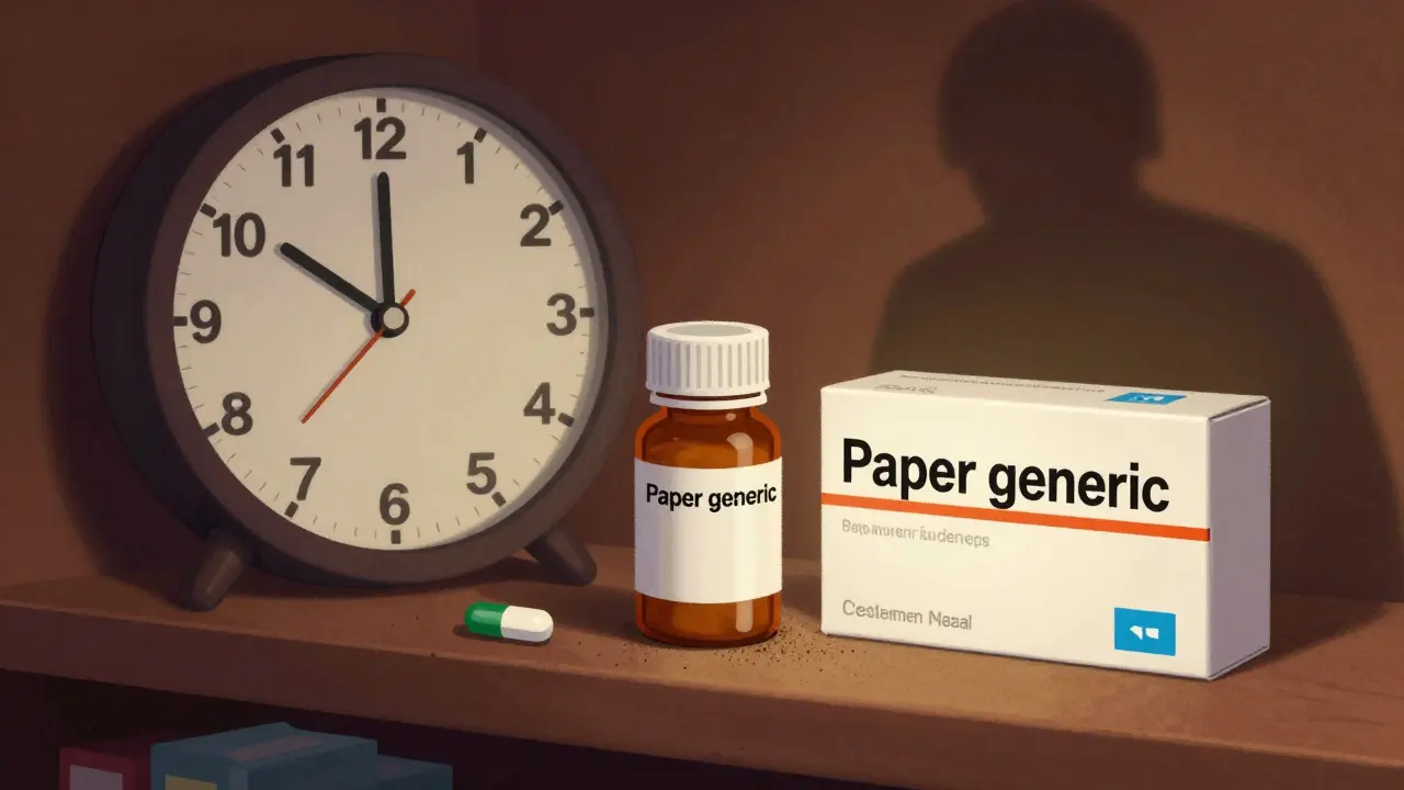 Clock ticking while generic drug waits on shelf, brand drug shines nearby