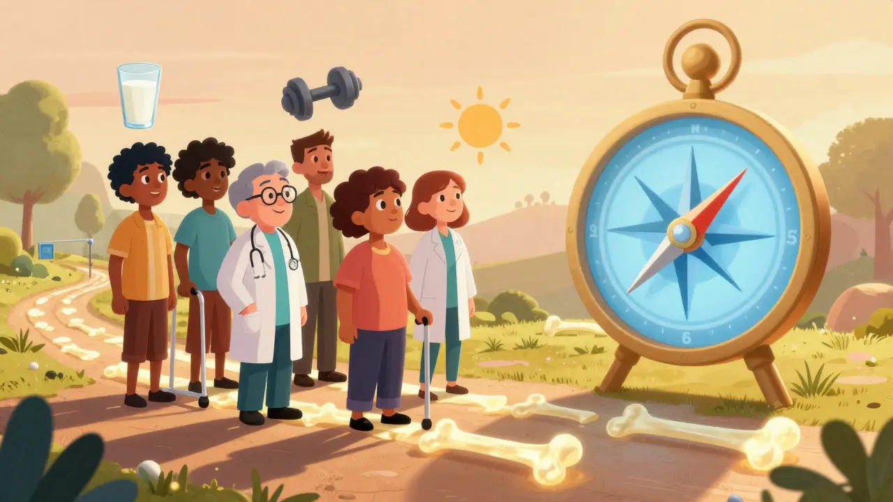 Doctor and patient walking a glowing bone path with lifestyle symbols in a hopeful scene