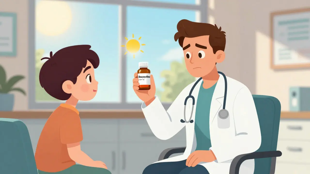 Doctor comparing antibiotic pills with a patient in a clinic
