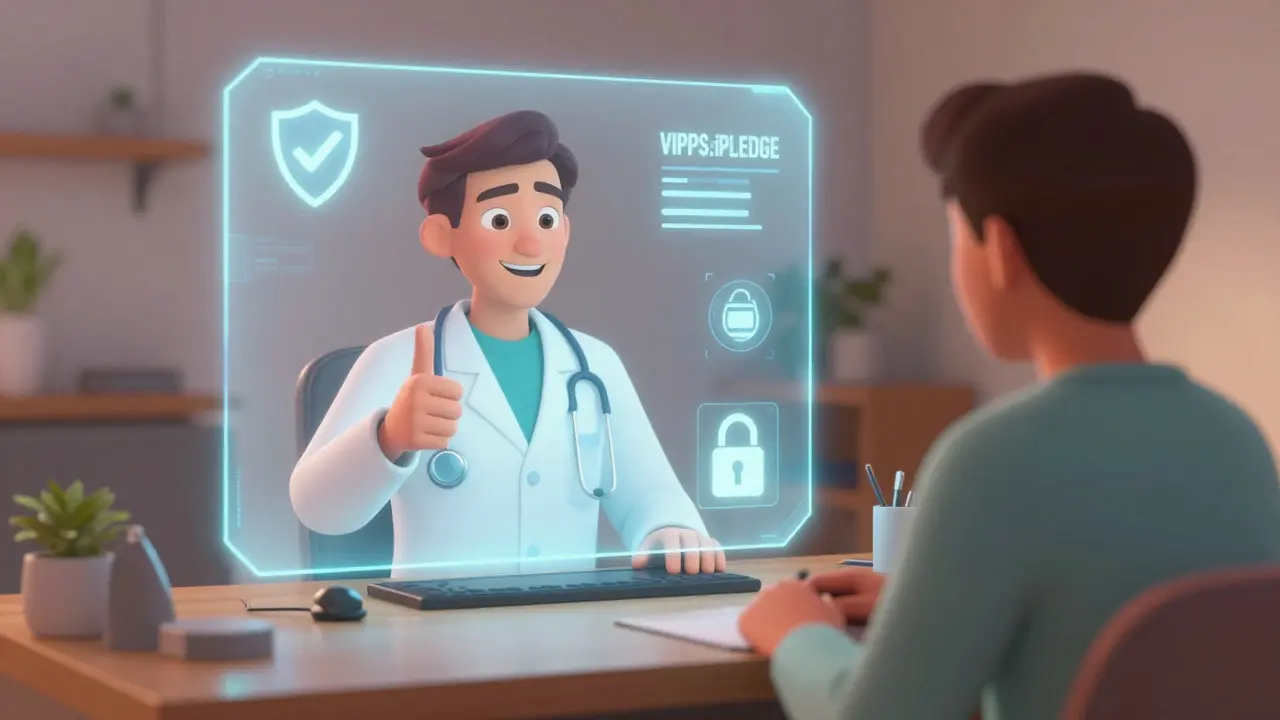 Doctor on holographic screen approving telehealth prescription safely