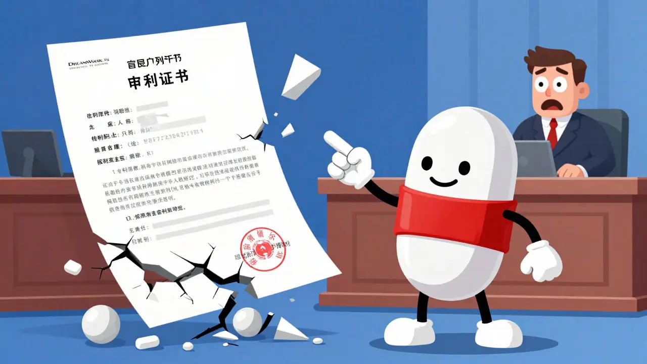 Generic drug molecule winning patent lawsuit against brand in cartoon style