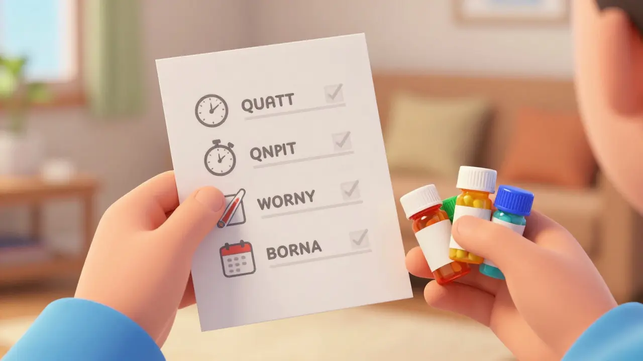 Hands writing medication symptom log and holding pill bottles for doctor appointment