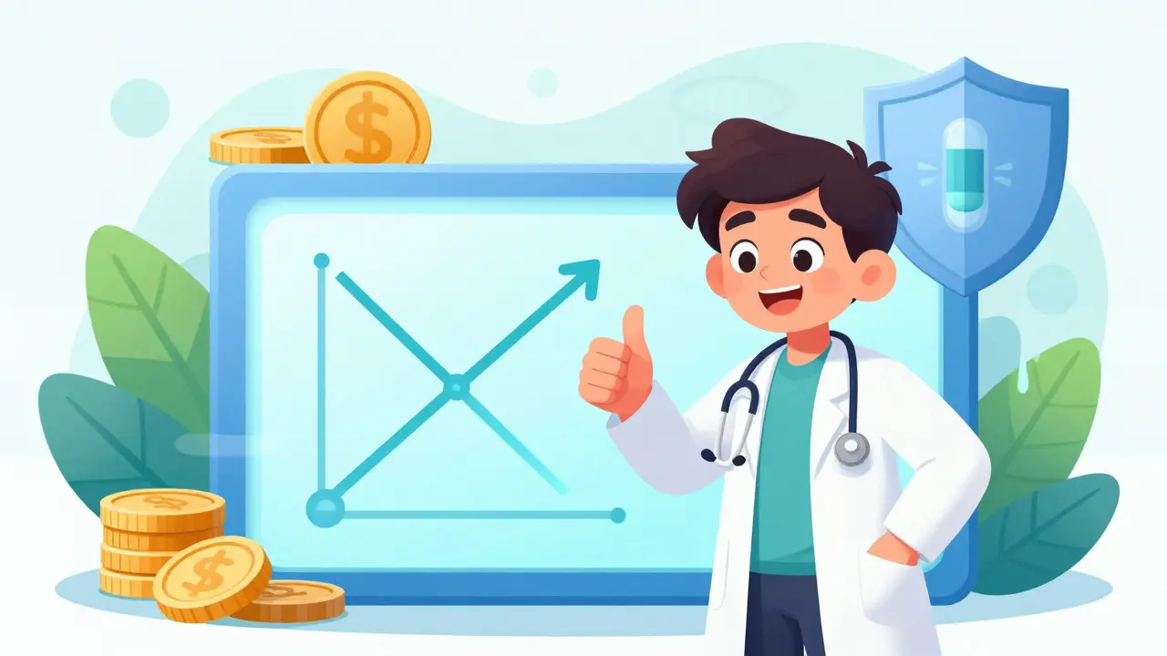Happy patient and doctor reviewing successful treatment plan with positive outcome graphics