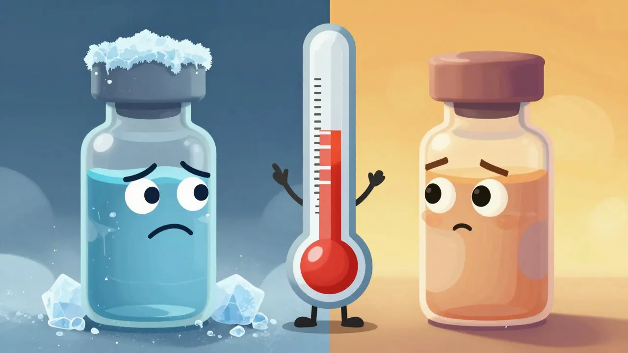 Illustration comparing frozen and overheated medication vials with a central thermometer guide
