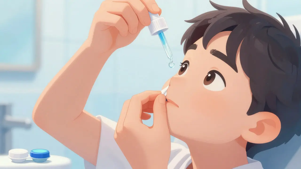 Illustration of a person correctly applying eye drops by pulling down eyelid