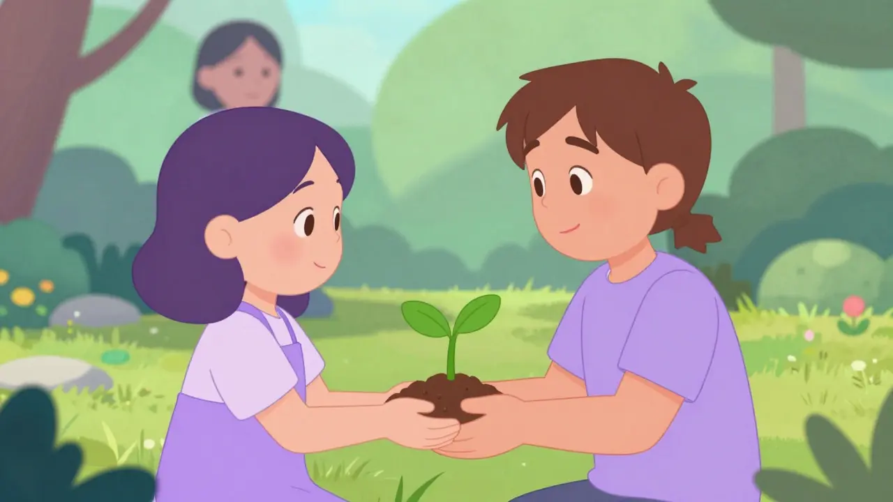 Illustration of a person tending to a growing plant in a calm garden setting