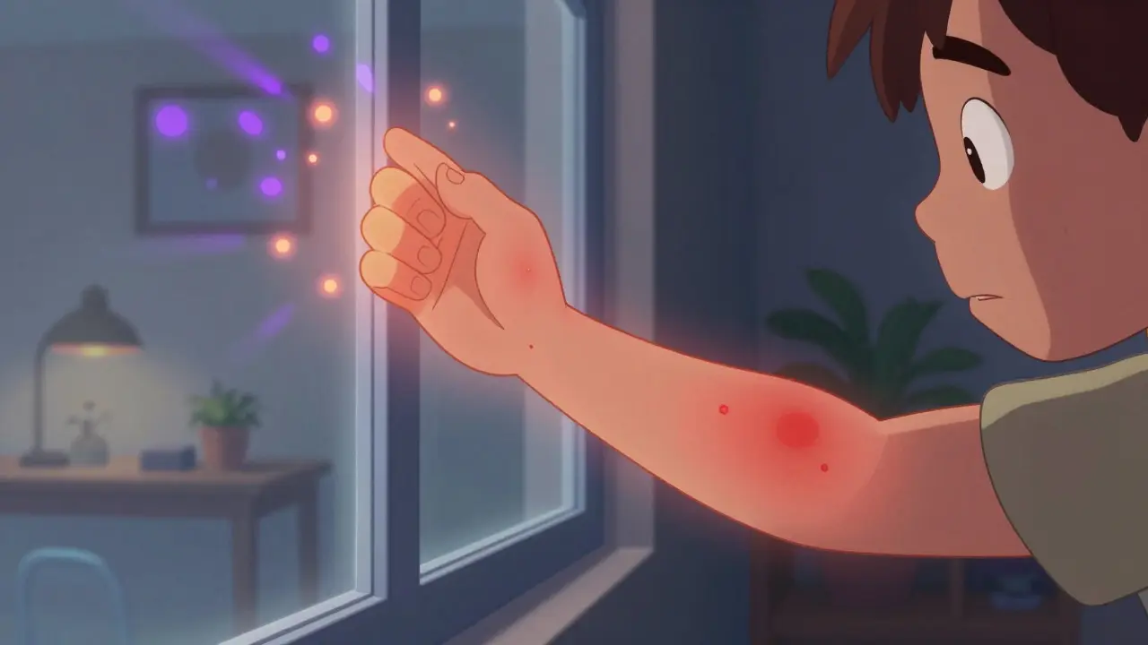 Illustration of UV rays passing through a window and affecting skin