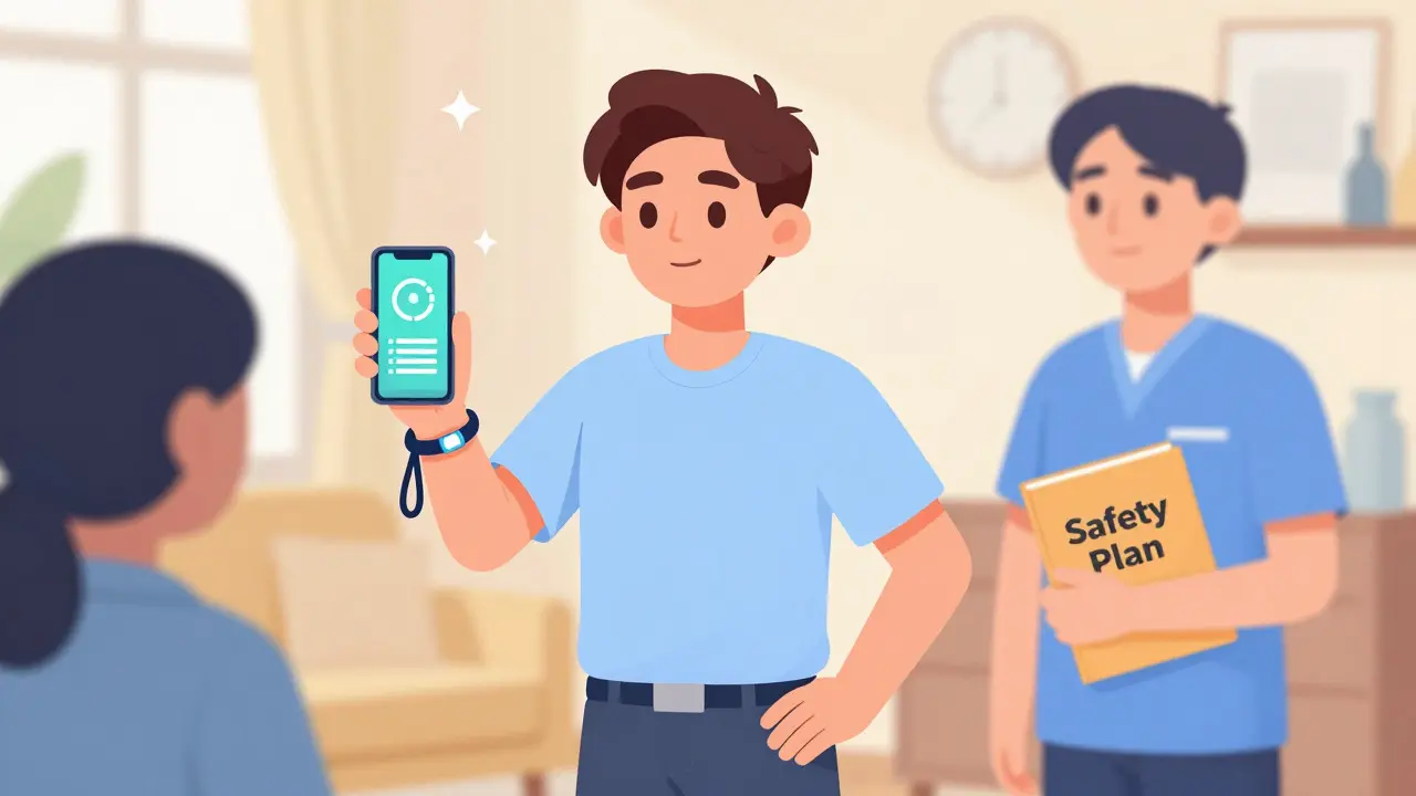 Patient holding medical ID and safety plan with caregiver